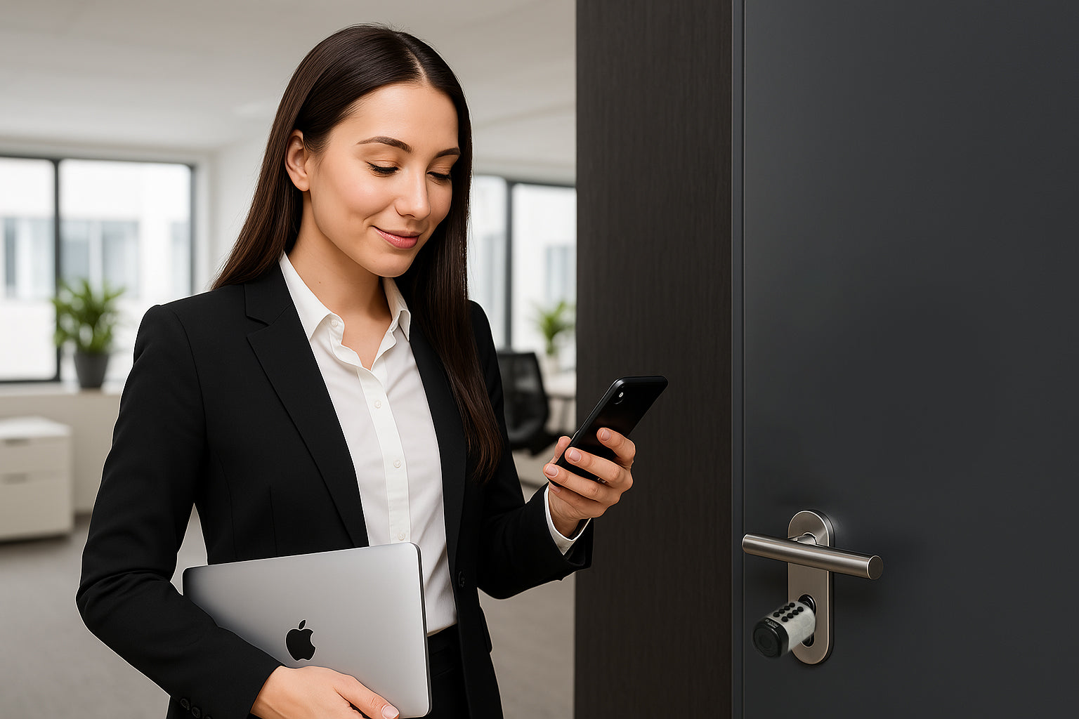Mitarbeiterin-im-Buero-oeffnet-Smart-Lock-mit-Smartphone